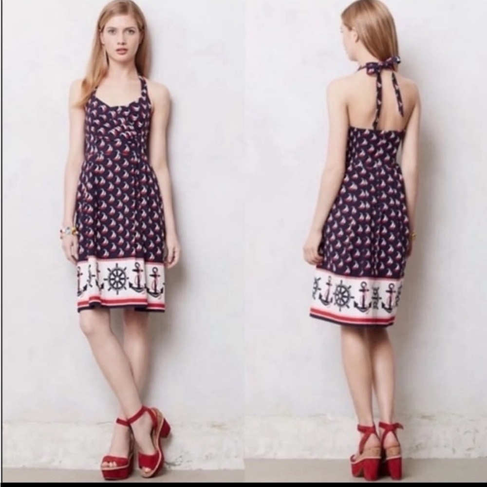 Anthropologie Postage Stamp sailor anchor  navy, red, white dress size 2